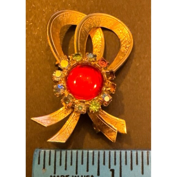 Vintage Jelly Belly Red Rhinestone Bow Brooch Pin Gold-Tone Metal With Multicolo - Picture 6 of 9